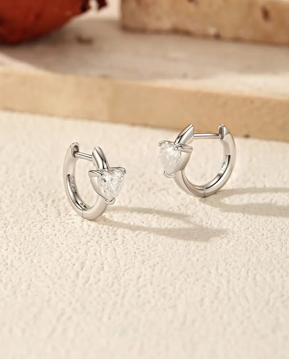 Heart Moissanite Huggie Earrings - 0.50 ct D Colour Heart per Earring, 12 mm Hinged Hoops, 925 Sterling Silver, 2.30 g Pair