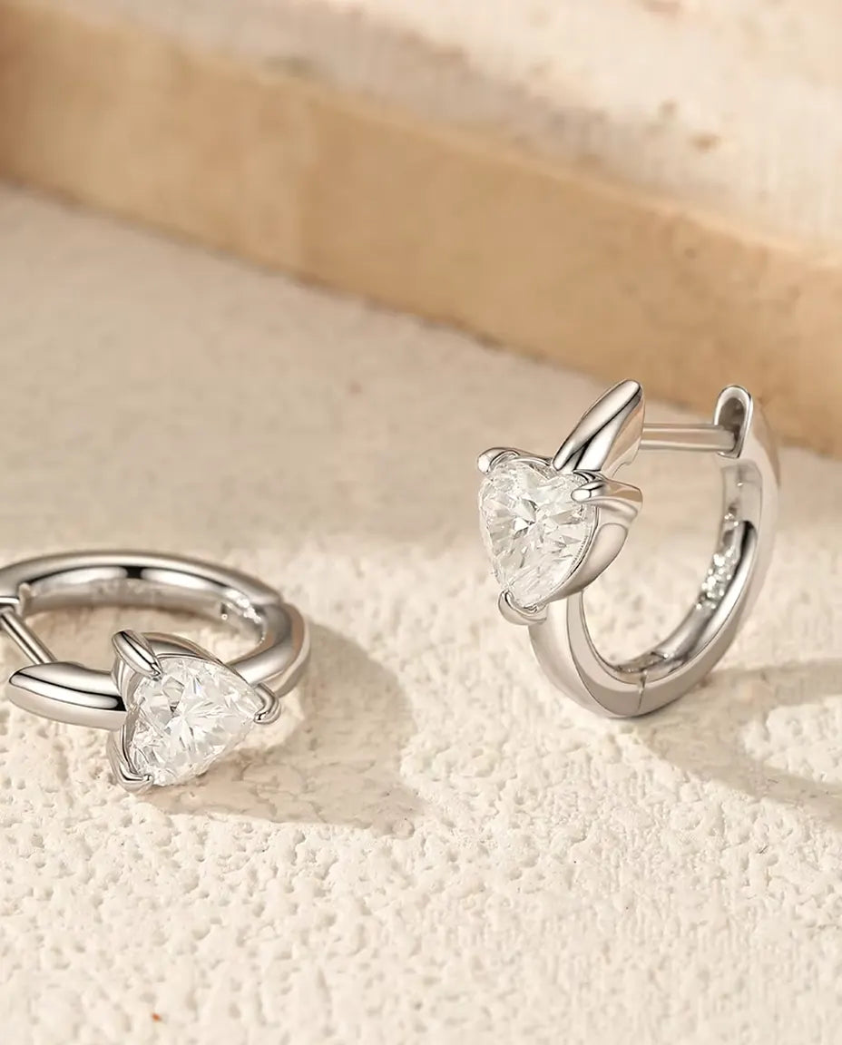 Heart Moissanite Huggie Earrings - 0.50 ct D Colour Heart per Earring, 12 mm Hinged Hoops, 925 Sterling Silver, 2.30 g Pair
