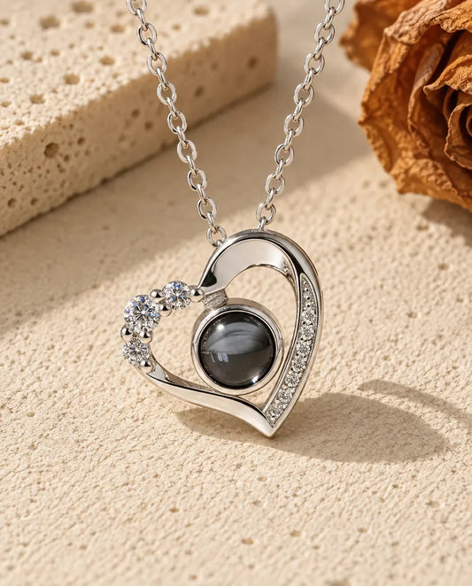 Heart Photo Projection Necklace - front view in silver