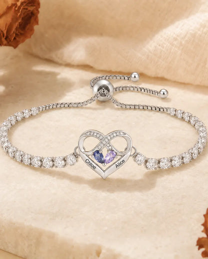 Personalised Birthstone Bracelet With 2 Names - Infinity Heart Tennis Bracelet With Two Simulated Birthstones, Adjustable