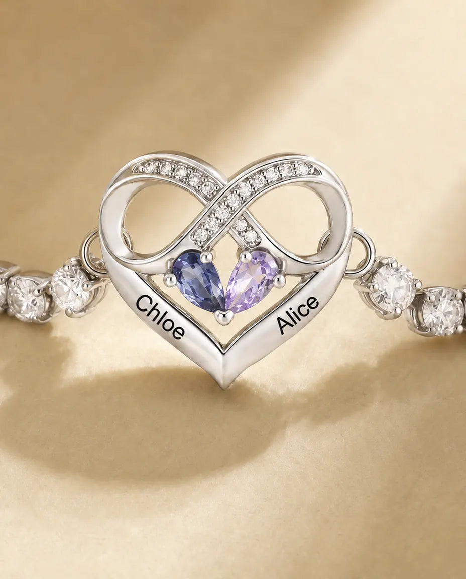 Personalised Birthstone Bracelet With 2 Names - Infinity Heart Tennis Bracelet With Two Simulated Birthstones, Adjustable