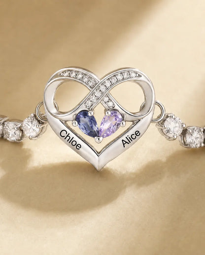 Personalised Birthstone Bracelet With 2 Names - Infinity Heart Tennis Bracelet With Two Simulated Birthstones, Adjustable