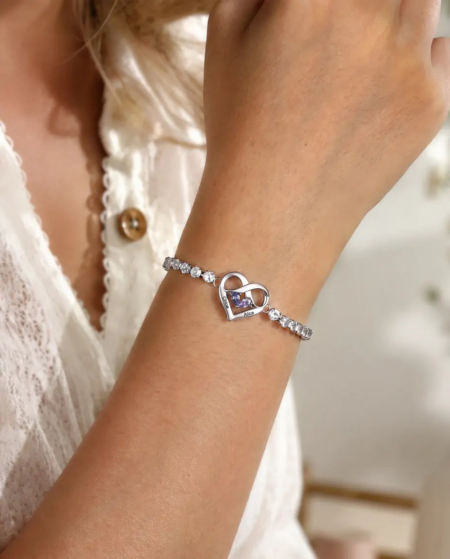 Personalised Birthstone Bracelet With 2 Names - Infinity Heart Tennis Bracelet With Two Simulated Birthstones, Adjustable