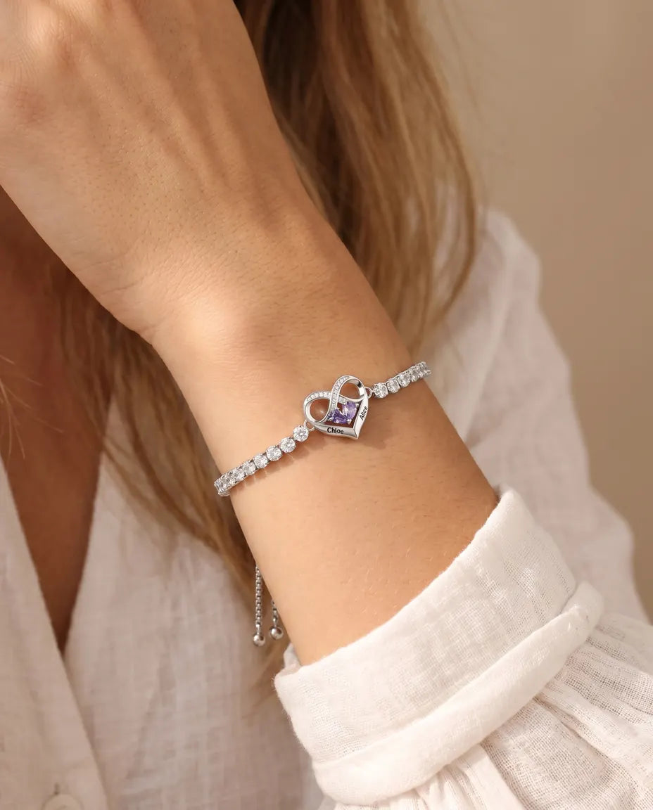 Personalised Birthstone Bracelet With 2 Names - Infinity Heart Tennis Bracelet With Two Simulated Birthstones, Adjustable
