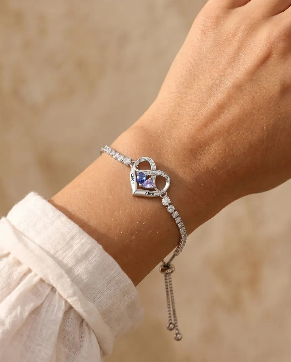 Personalised Birthstone Bracelet With 2 Names - Infinity Heart Tennis Bracelet With Two Simulated Birthstones, Adjustable