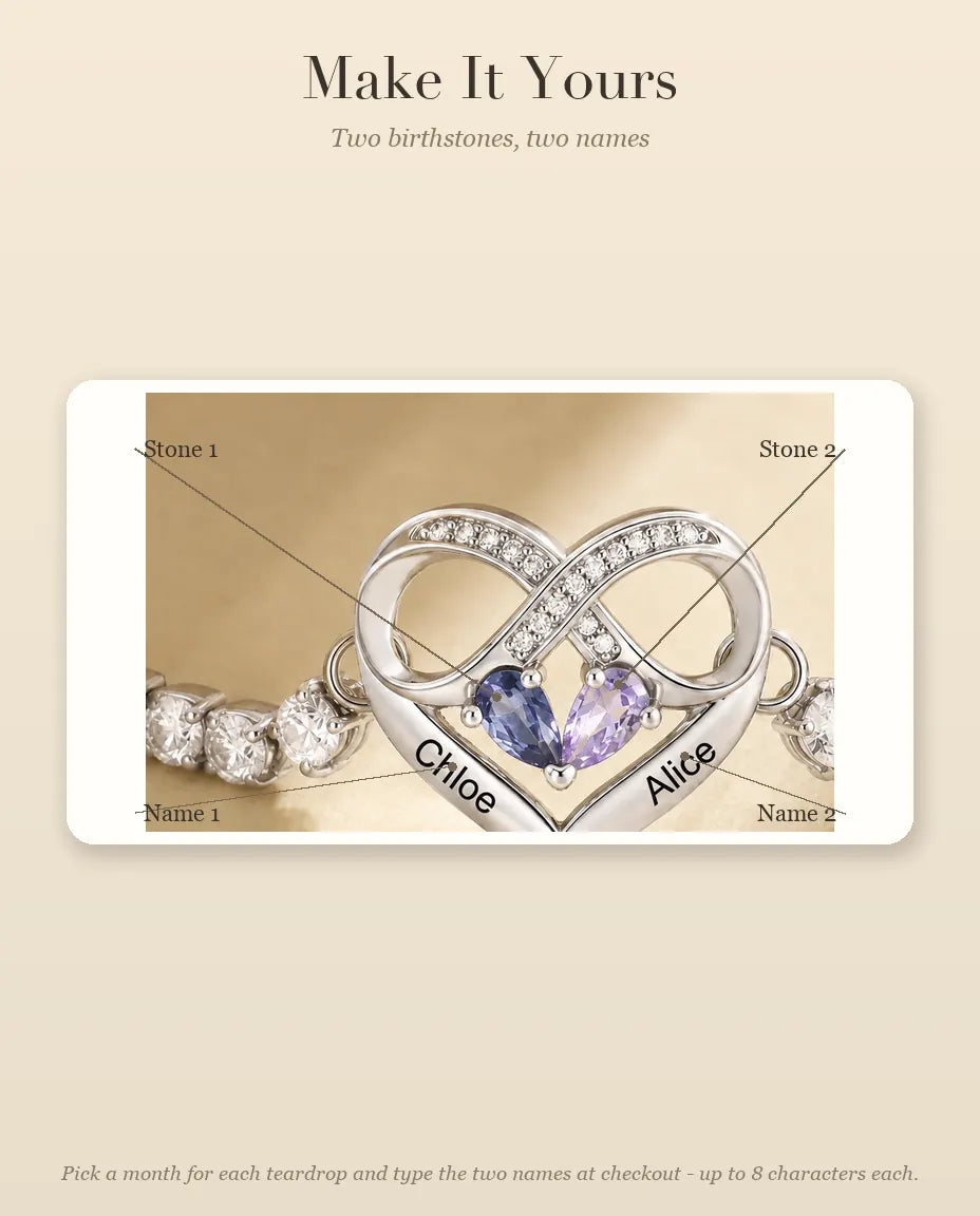 Personalised Birthstone Bracelet With 2 Names - Infinity Heart Tennis Bracelet With Two Simulated Birthstones, Adjustable