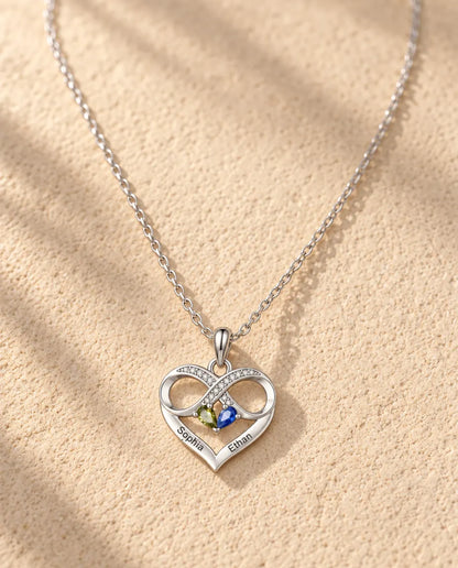 Personalised Birthstone Necklace With 2 Names - Infinity Heart Pendant With Two Pear Simulated Birthstones, Silver