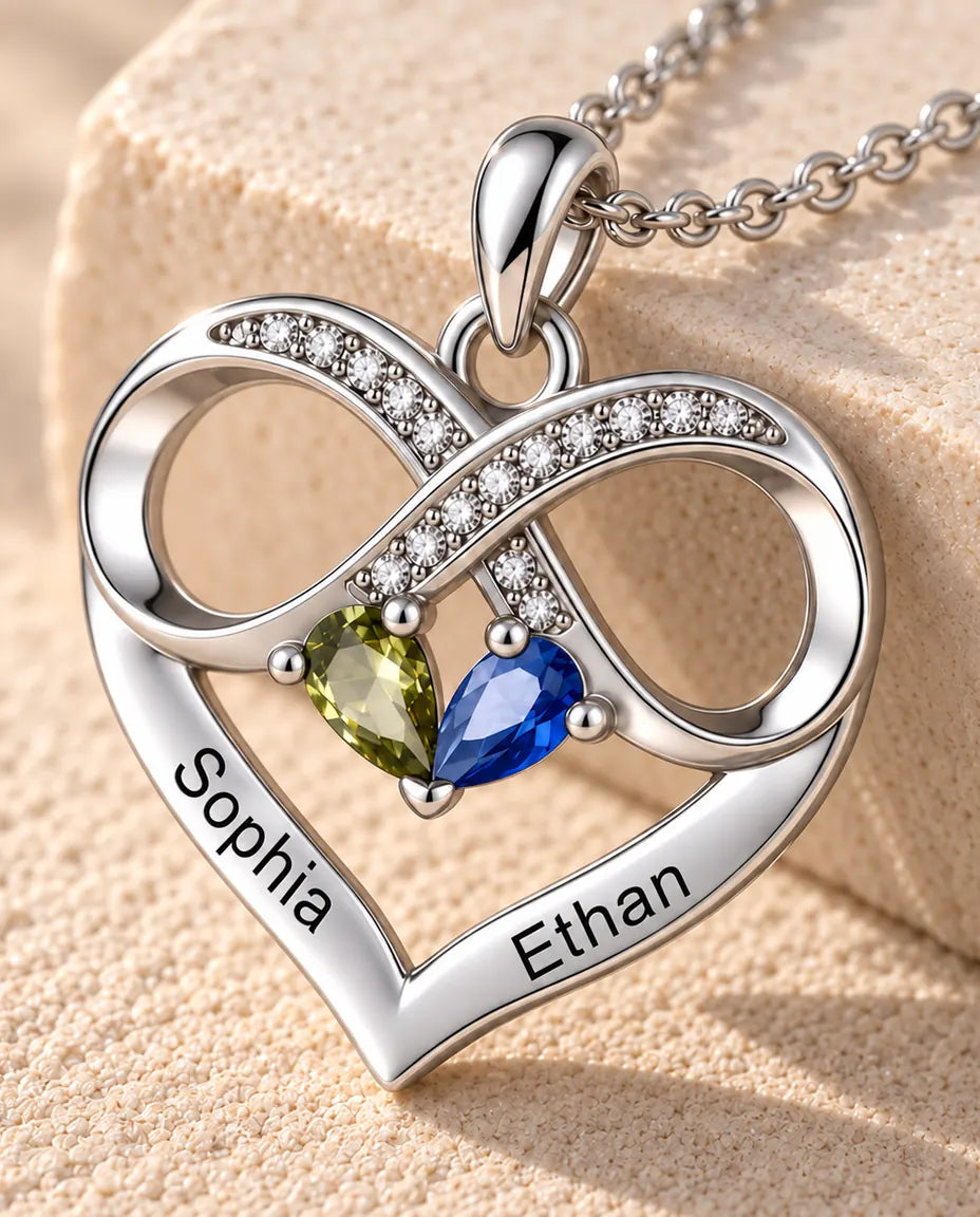 Personalised Birthstone Necklace With 2 Names - Infinity Heart Pendant With Two Pear Simulated Birthstones, Silver