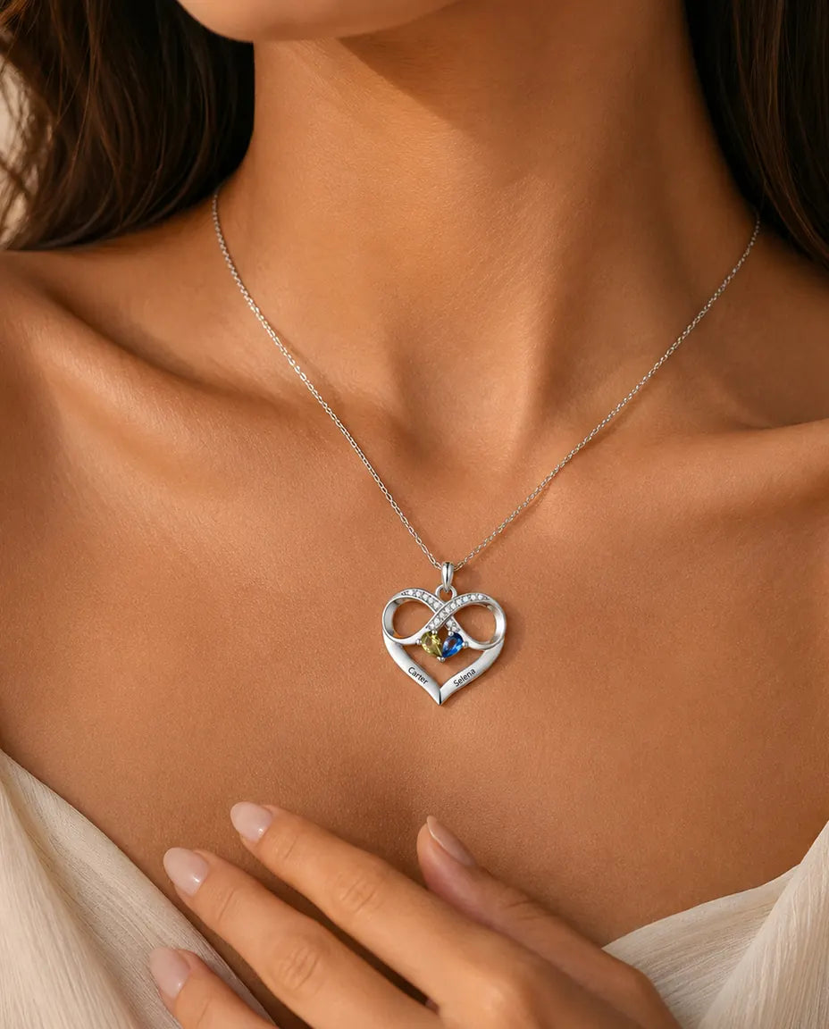 Personalised Birthstone Necklace With 2 Names - Infinity Heart Pendant With Two Pear Simulated Birthstones, Silver
