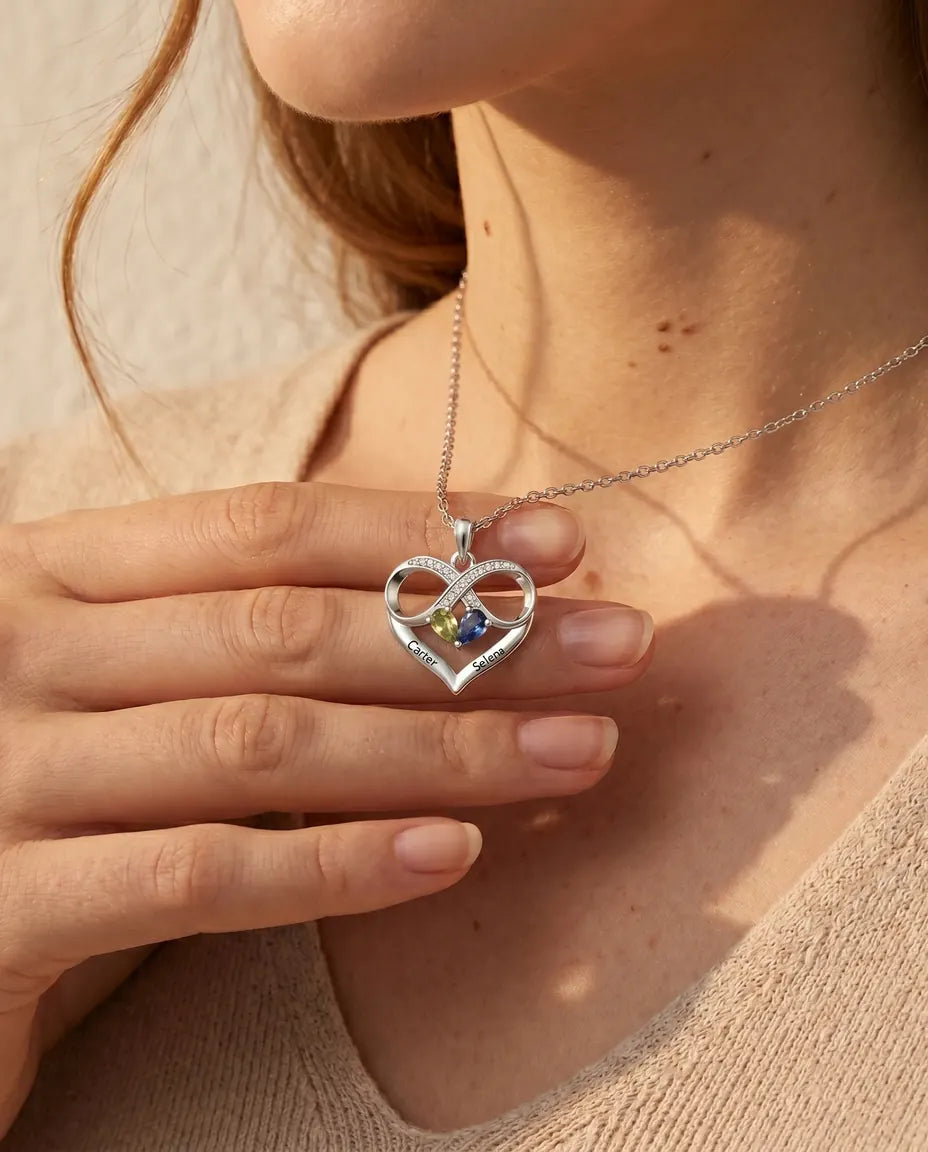 Personalised Birthstone Necklace With 2 Names - Infinity Heart Pendant With Two Pear Simulated Birthstones, Silver