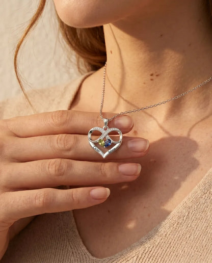 Personalised Birthstone Necklace With 2 Names - Infinity Heart Pendant With Two Pear Simulated Birthstones, Silver
