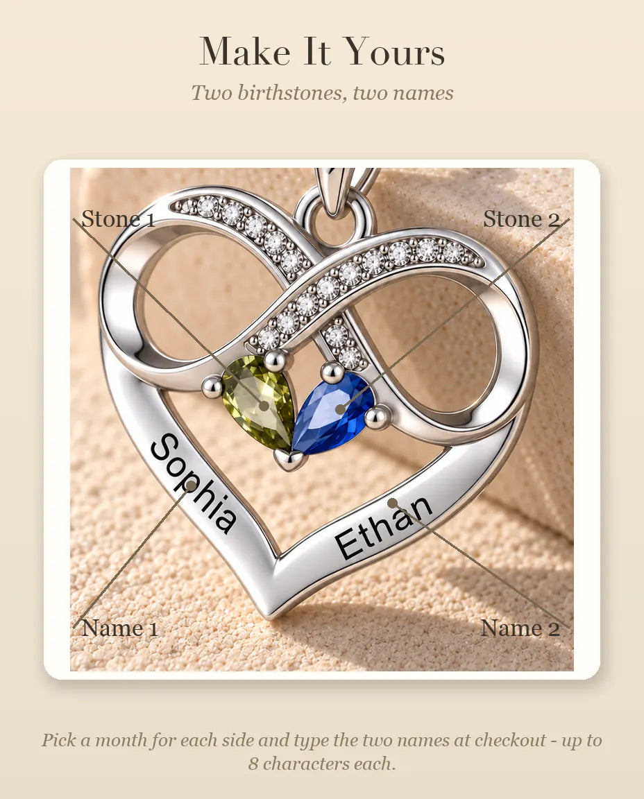 Personalised Birthstone Necklace With 2 Names - Infinity Heart Pendant With Two Pear Simulated Birthstones, Silver