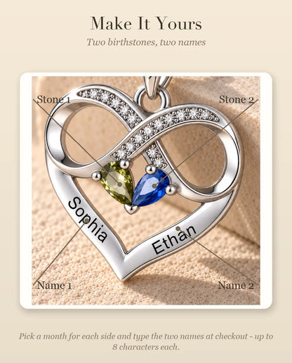 Personalised Birthstone Necklace With 2 Names - Infinity Heart Pendant With Two Pear Simulated Birthstones, Silver