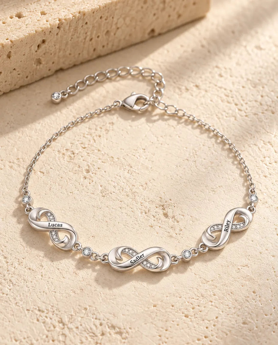 Personalised Infinity Name Bracelet With 1-5 Names - Engraved Infinity Charms With Cubic Zirconia, Family or Couples Gift, Silver