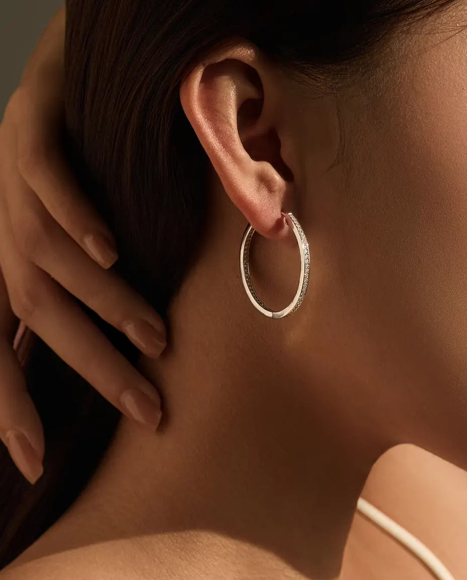 Inside Out Moissanite Hoop Earrings - 32 mm Large Hinged Pave Hoops, 0.88 ct Total D Colour, 925 Sterling Silver