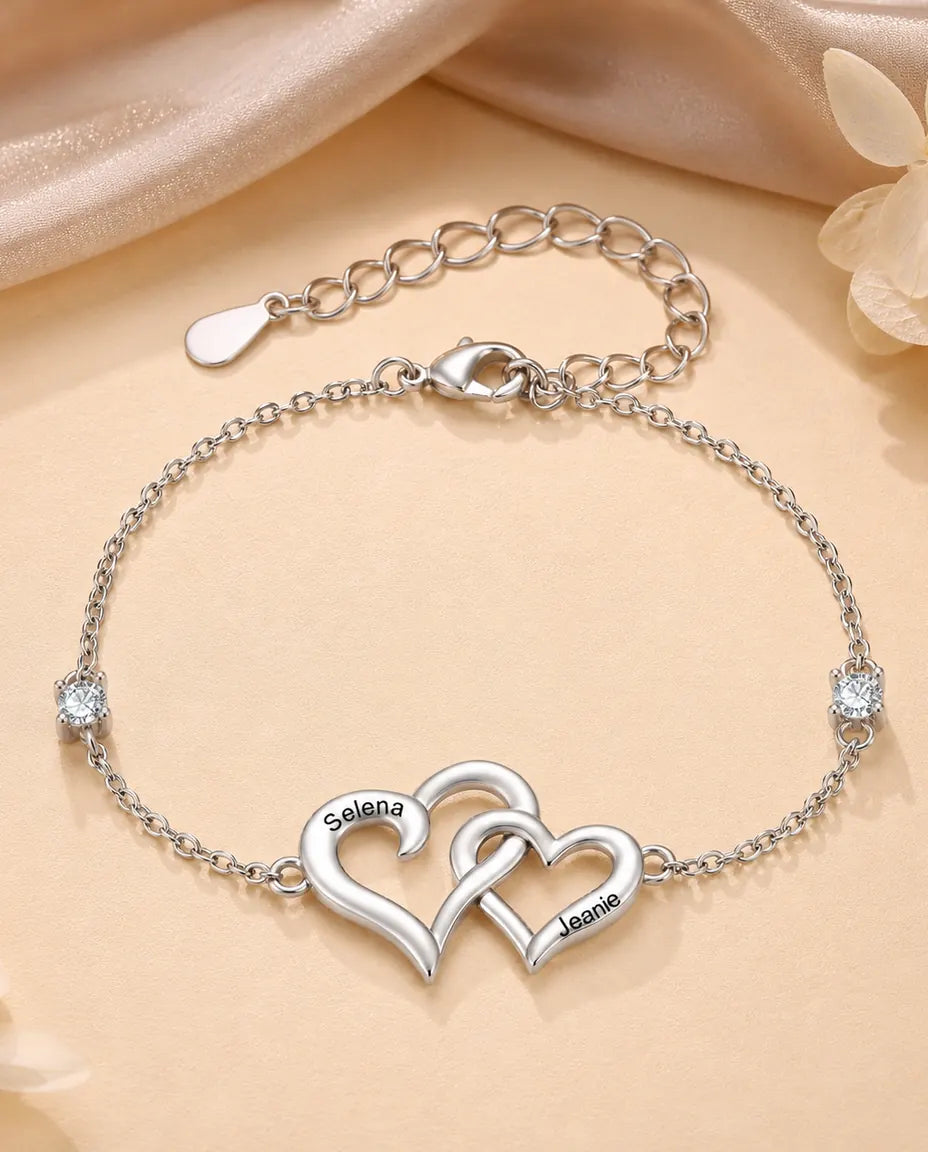 Personalised Double Heart Bracelet With 2 Names - Interlocking Hearts With Two Simulated Birthstones, Silver