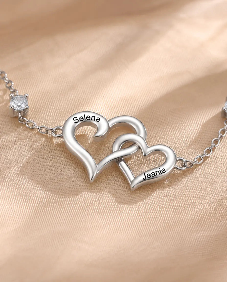 Personalised Double Heart Bracelet With 2 Names - Interlocking Hearts With Two Simulated Birthstones, Silver