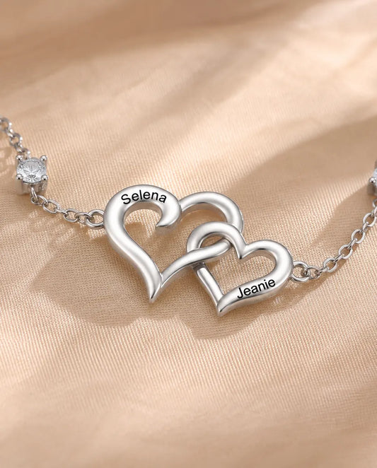 Personalised Double Heart Bracelet With 2 Names - Interlocking Hearts With Two Simulated Birthstones, Silver