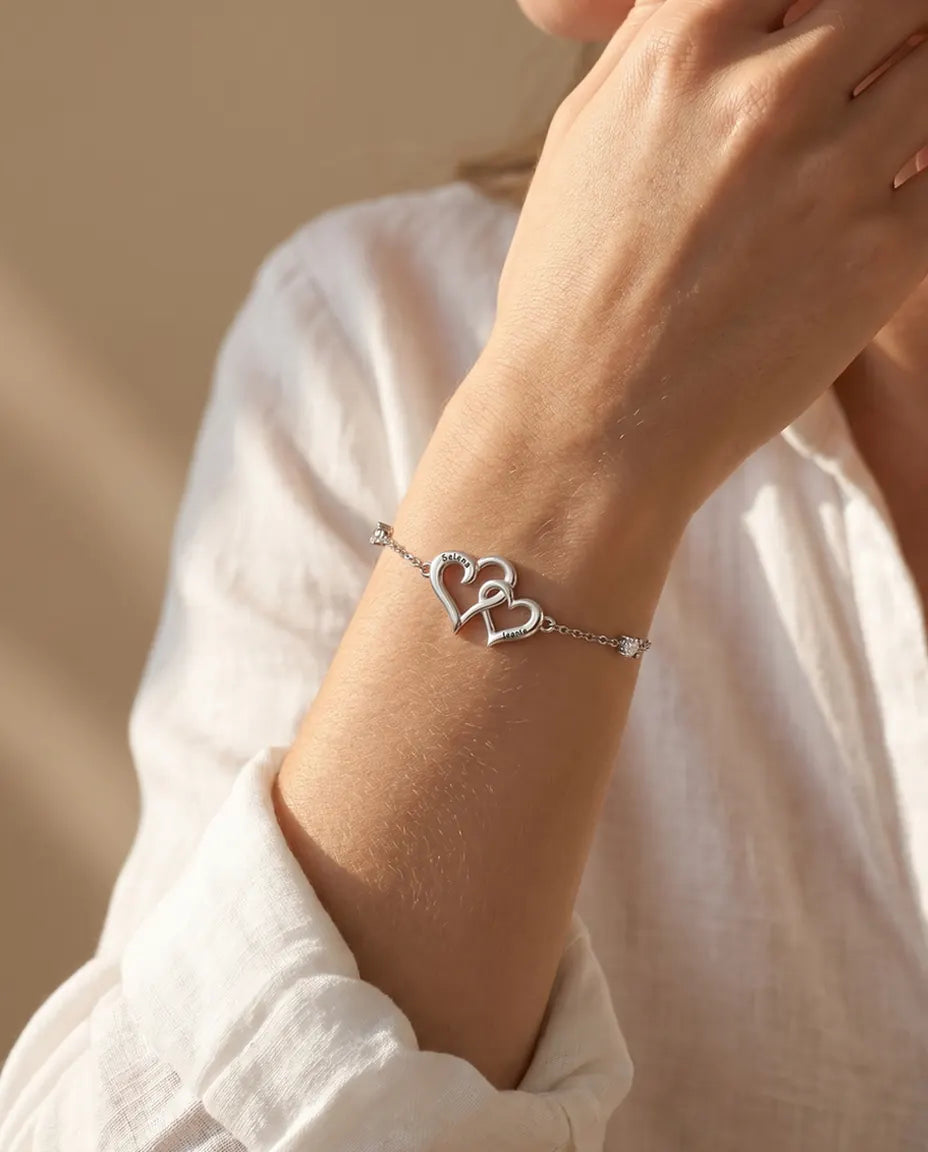 Personalised Double Heart Bracelet With 2 Names - Interlocking Hearts With Two Simulated Birthstones, Silver