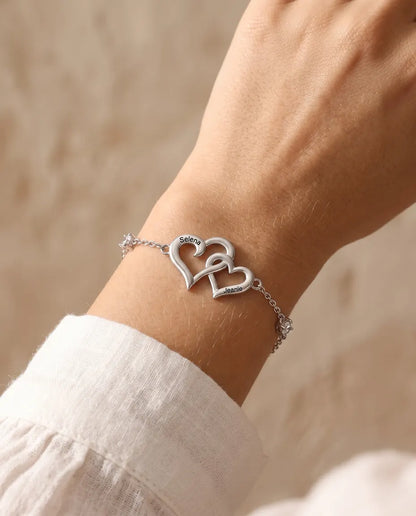 Personalised Double Heart Bracelet With 2 Names - Interlocking Hearts With Two Simulated Birthstones, Silver