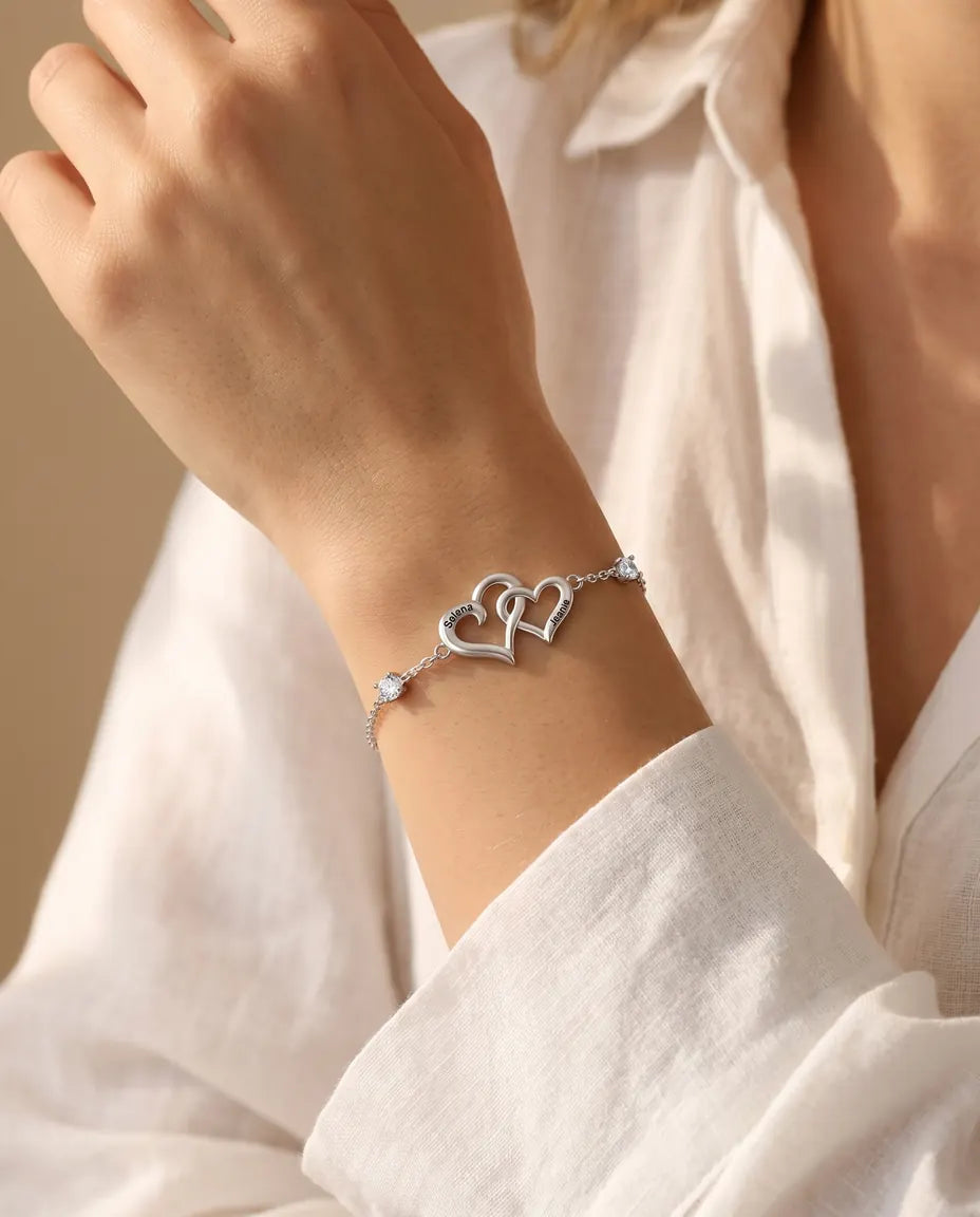 Personalised Double Heart Bracelet With 2 Names - Interlocking Hearts With Two Simulated Birthstones, Silver