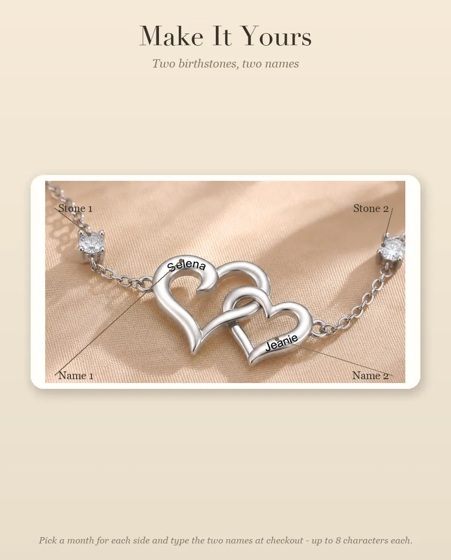 Personalised Double Heart Bracelet With 2 Names - Interlocking Hearts With Two Simulated Birthstones, Silver