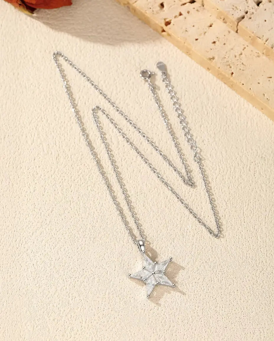 Star Pendant Necklace - Kite Cut Zirconia Five Point Star, 18 mm, on a 40 + 5 cm 925 Sterling Silver Chain