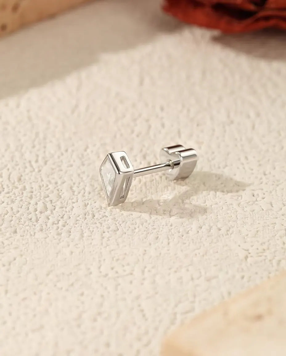 Kite Cut Moissanite Stud Earrings in 925 Sterling Silver - side view showing the post and heart-shaped back