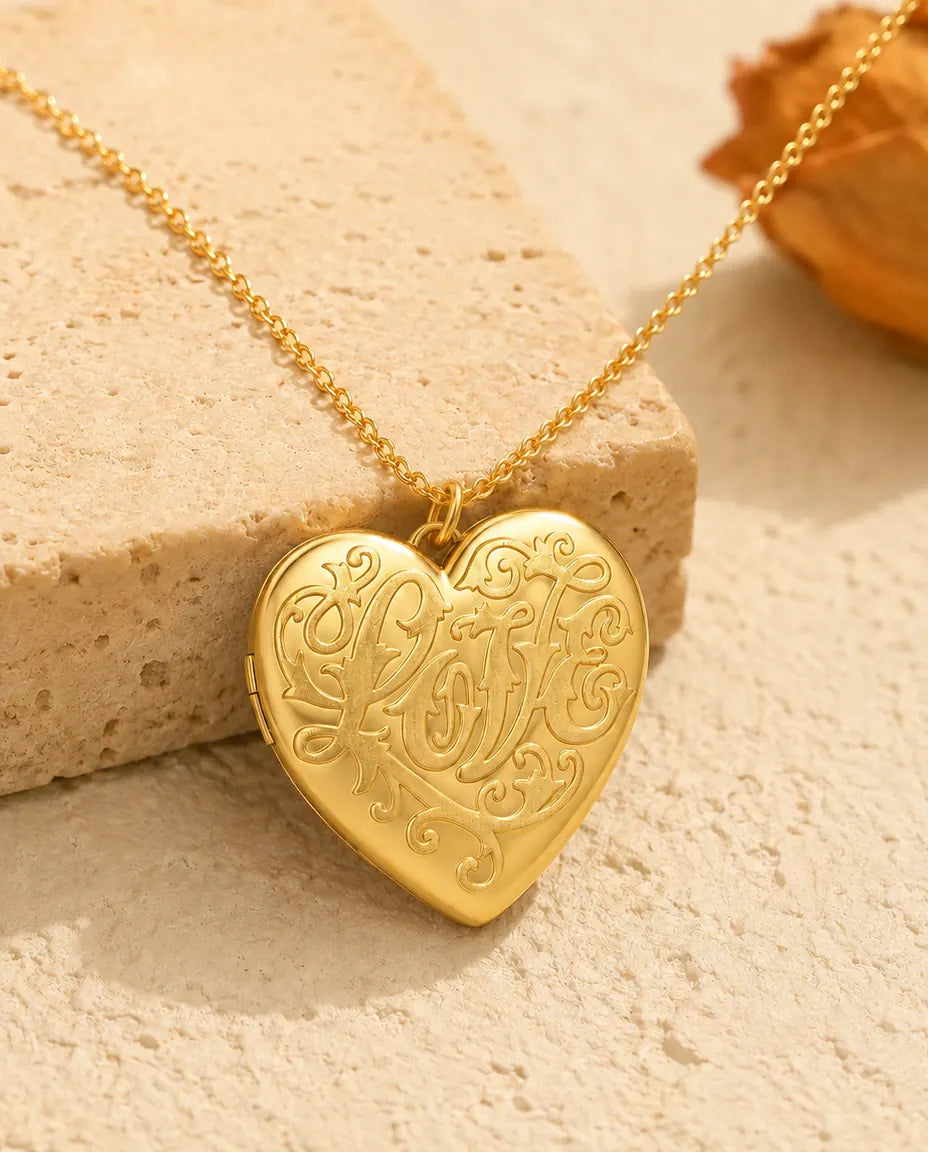 Personalised Photo Locket Necklace That Holds 2 Pictures - Love Script Heart Locket With Mother of Pearl Back, Silver or Gold