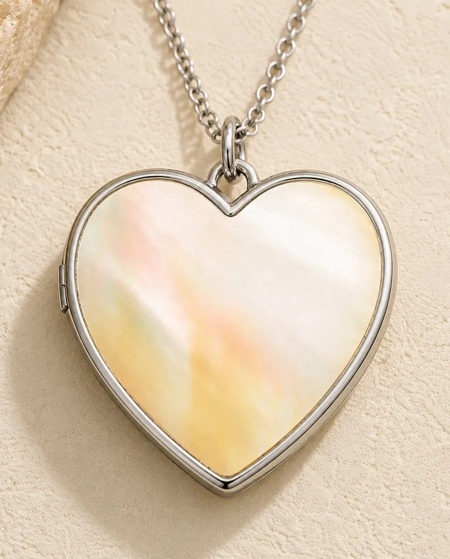 Personalised Photo Locket Necklace That Holds 2 Pictures - Love Script Heart Locket With Mother of Pearl Back, Silver or Gold