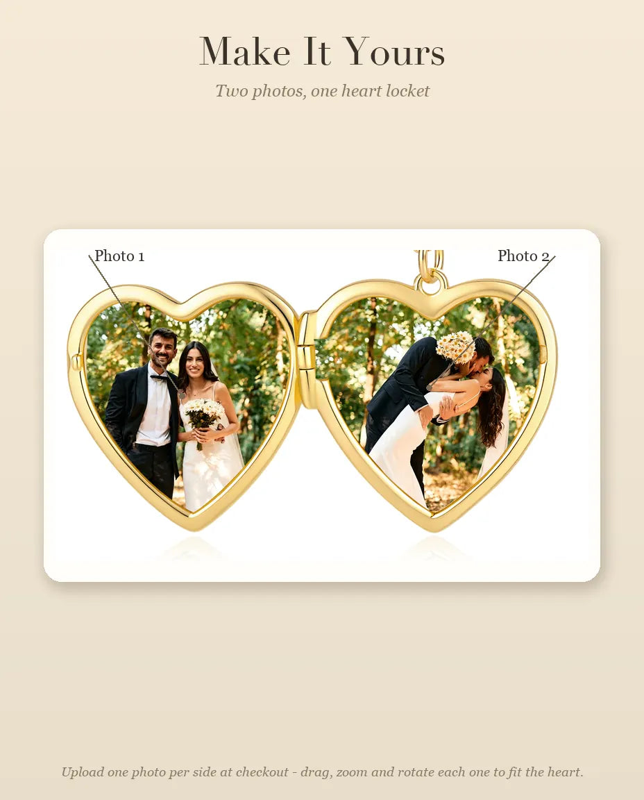 Personalised Photo Locket Necklace That Holds 2 Pictures - Love Script Heart Locket With Mother of Pearl Back, Silver or Gold