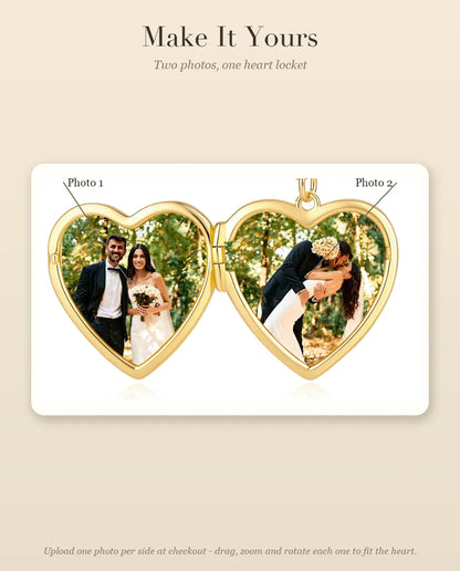Personalised Photo Locket Necklace That Holds 2 Pictures - Love Script Heart Locket With Mother of Pearl Back, Silver or Gold