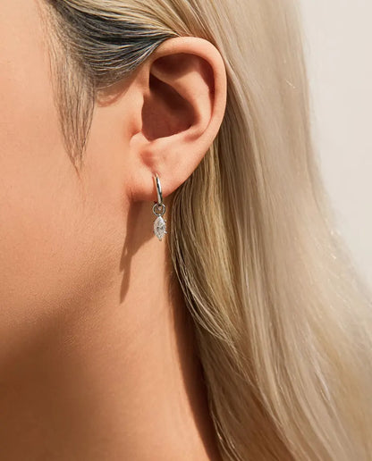Marquise Moissanite Charm Huggie Hoop Earrings in 925 Sterling Silver - worn on its own in the earlobe