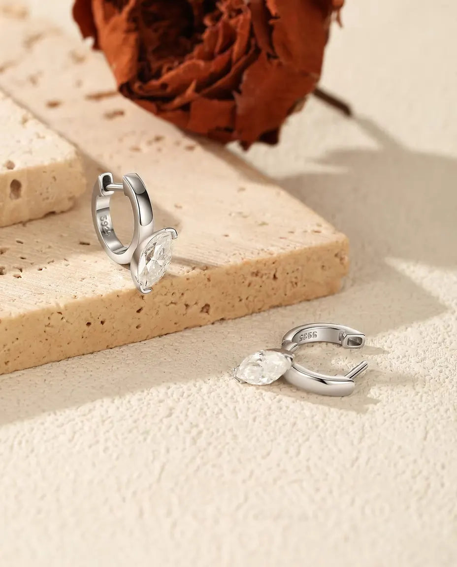 Marquise Moissanite Drop Huggie Earrings - 0.50 ct 4 x 8 mm Stone per Earring, 14.5 mm Drop, 925 Sterling Silver
