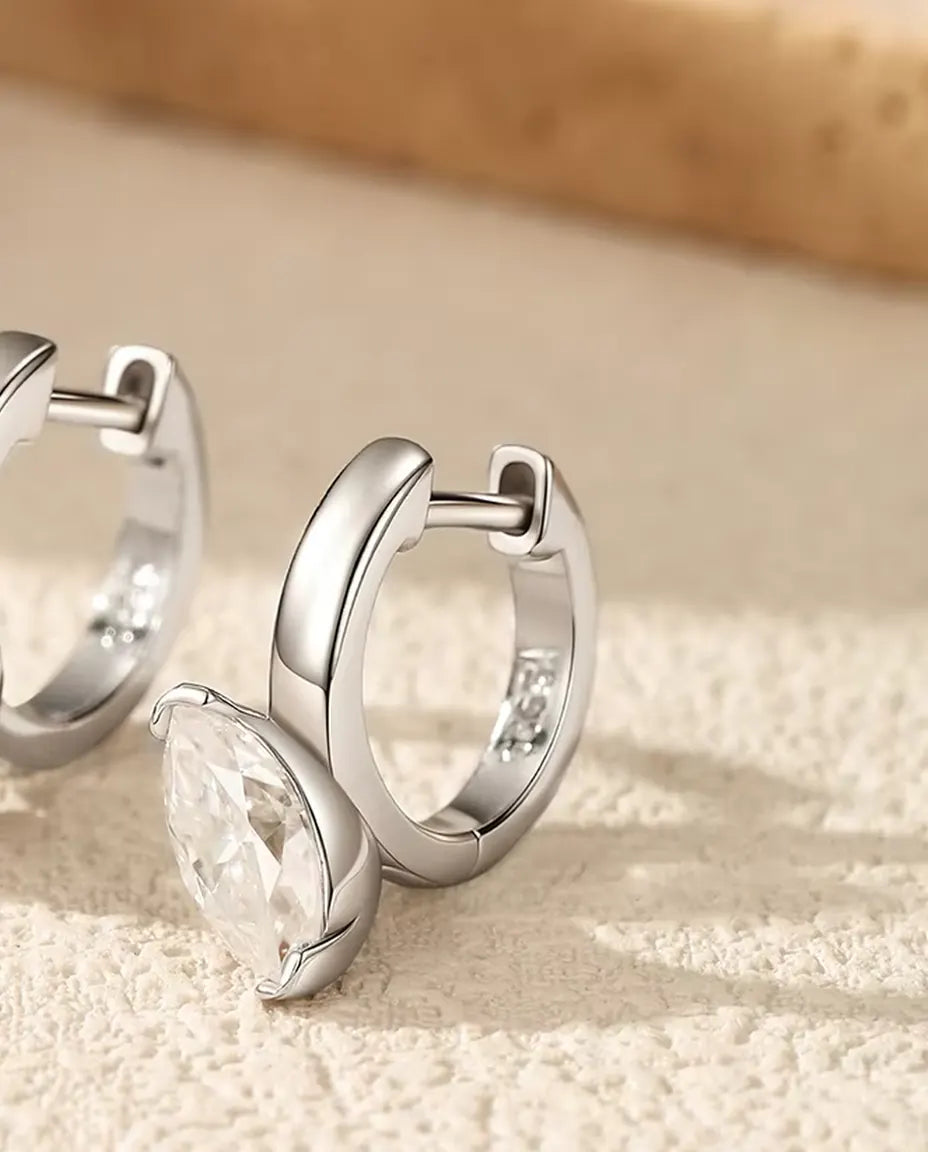 Marquise Moissanite Drop Huggie Earrings - 0.50 ct 4 x 8 mm Stone per Earring, 14.5 mm Drop, 925 Sterling Silver
