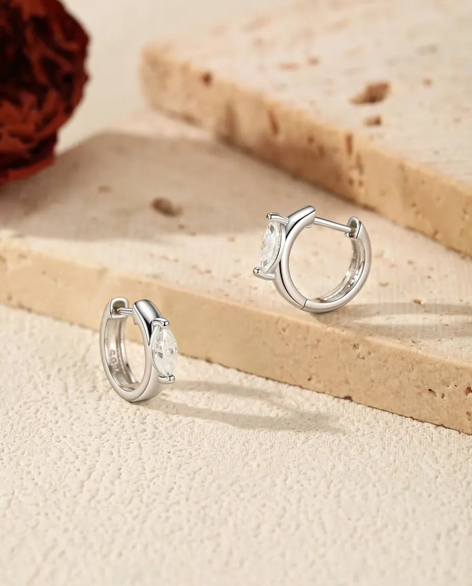 Marquise Moissanite Huggie Earrings - 0.30 ct 3 x 6 mm Marquise Stone per Earring, 11.5 mm Hoops, 925 Sterling Silver