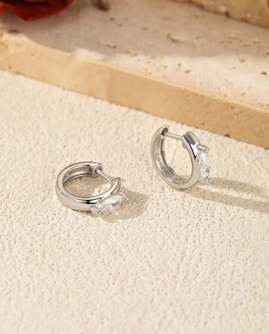 Marquise Moissanite Huggie Earrings - 0.30 ct 3 x 6 mm Marquise Stone per Earring, 11.5 mm Hoops, 925 Sterling Silver