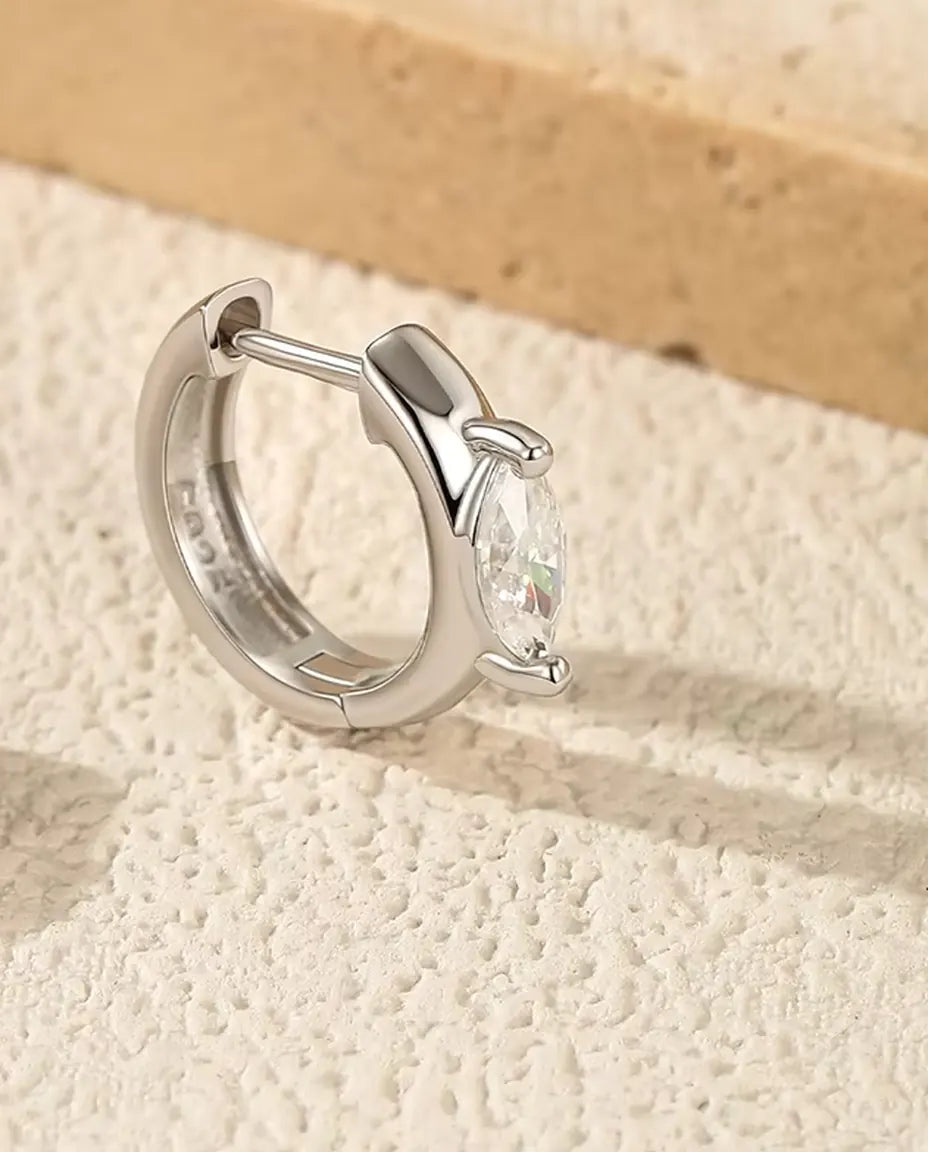 Marquise Moissanite Huggie Earrings - 0.30 ct 3 x 6 mm Marquise Stone per Earring, 11.5 mm Hoops, 925 Sterling Silver