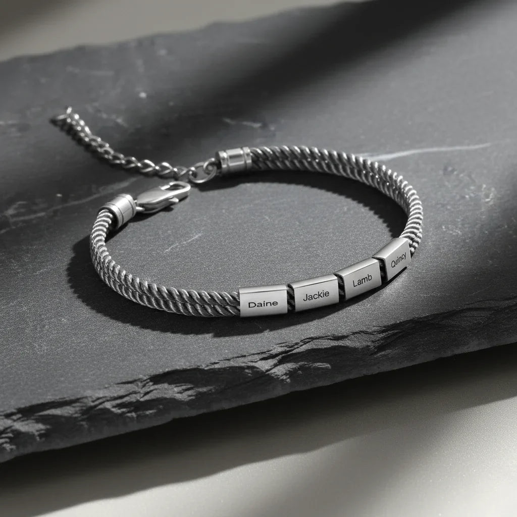 Men's Engraved Stainless Steel Rope Bracelet with Personalised Names