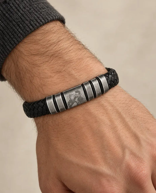 Personalised Photo Projection Leather Bracelet for Men - worn on a model