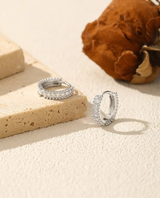 Moissanite Huggie Hoop Earrings - 12 mm Beaded Pave Huggies in 925 Sterling Silver, 14 D Colour Stones