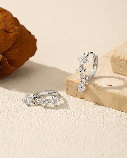 Moissanite Clover Huggie Earrings - 24 D Colour Stones with Flower Drop Charm, 925 Sterling Silver, 18 mm