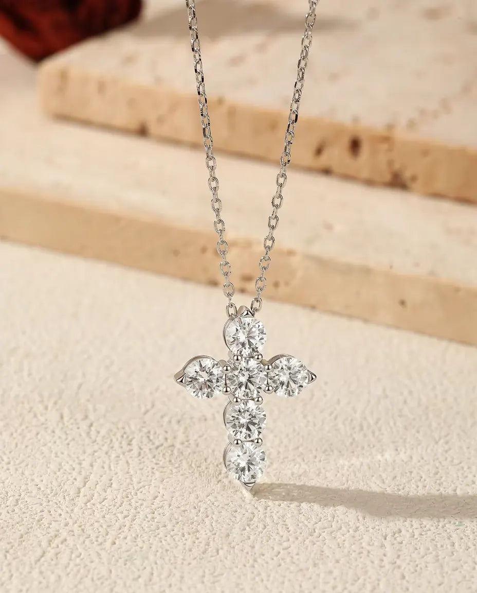 Moissanite Cross Necklace - Six 0.50 ct D Colour Stones, 17.5 x 22.5 mm Pendant, 40+5 cm 925 Sterling Silver Chain