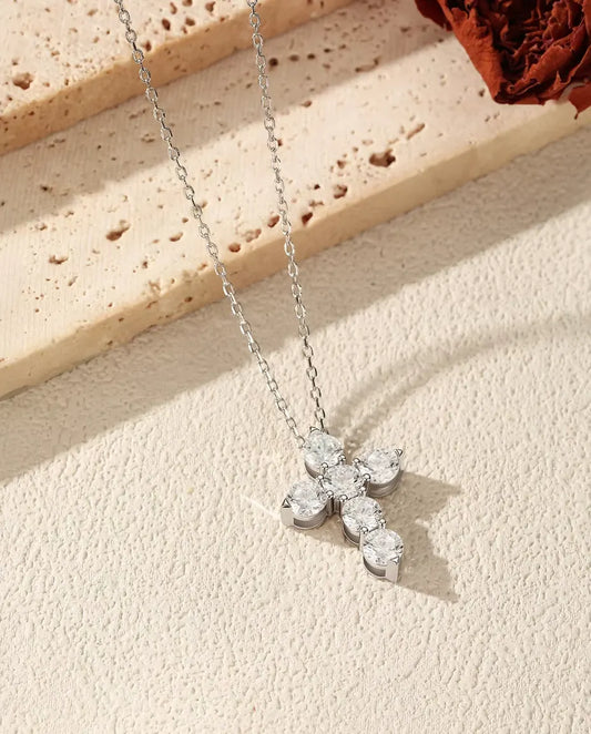 Moissanite Cross Necklace - Six 0.50 ct D Colour Stones, 17.5 x 22.5 mm Pendant, 40+5 cm 925 Sterling Silver Chain