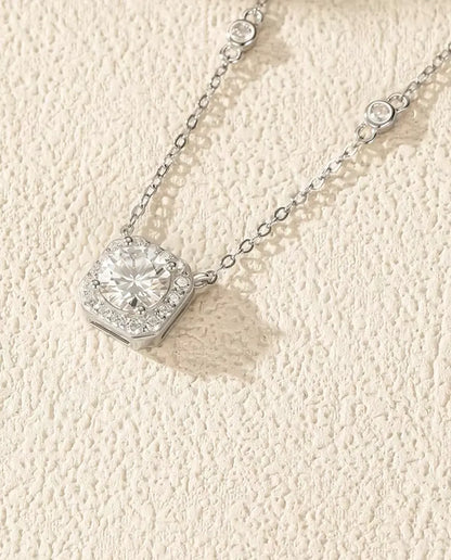 Moissanite Necklace for Women - 1 Carat D Colour VVS1 Cushion Halo Pendant on Zirconia Station Chain, 925 Sterling Silver