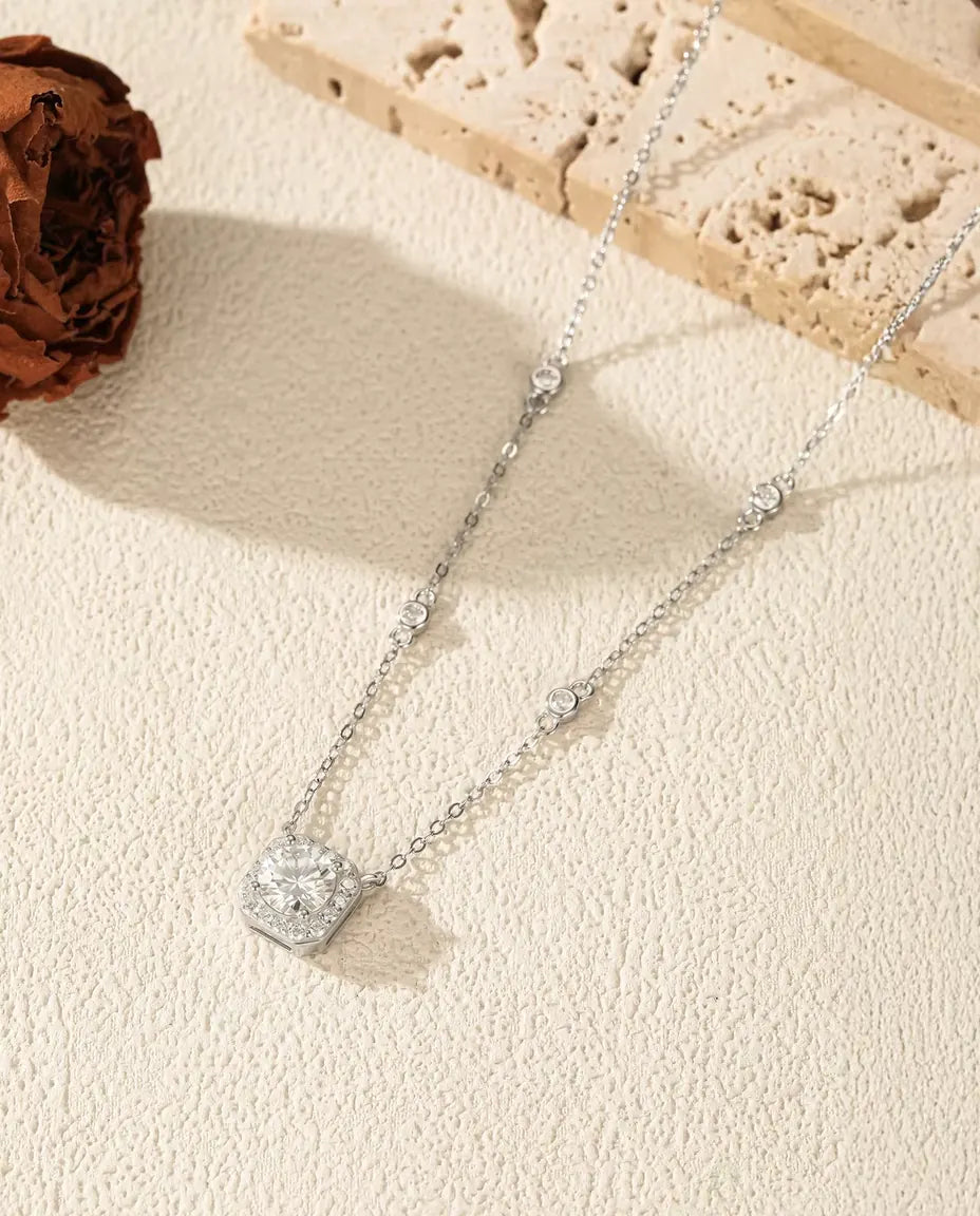 Moissanite Necklace for Women - 1 Carat D Colour VVS1 Cushion Halo Pendant on Zirconia Station Chain, 925 Sterling Silver