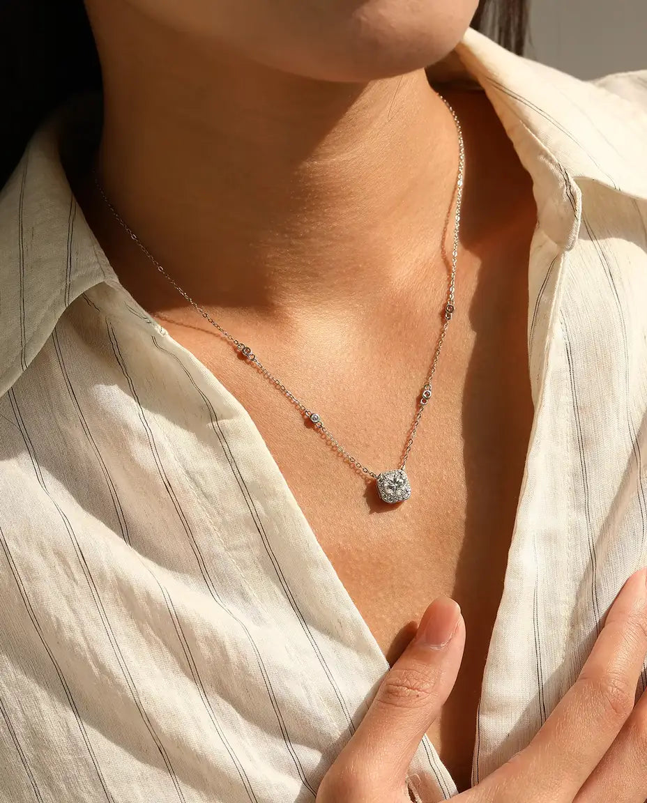 Moissanite Necklace for Women - 1 Carat D Colour VVS1 Cushion Halo Pendant on Zirconia Station Chain, 925 Sterling Silver