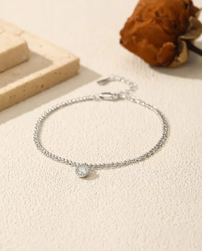 Moissanite Drop Bracelet - 0.50 ct Bezel-Set Round Stone on a Double-Strand 925 Sterling Silver Chain, 16+3 cm