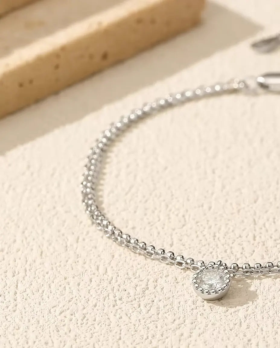 Moissanite Drop Bracelet - 0.50 ct Bezel-Set Round Stone on a Double-Strand 925 Sterling Silver Chain, 16+3 cm