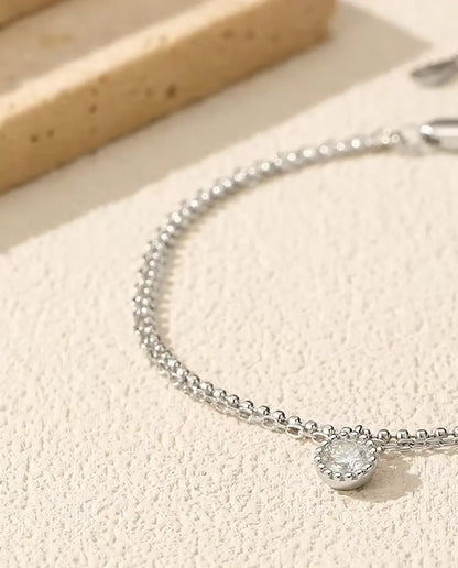 Moissanite Drop Bracelet - 0.50 ct Bezel-Set Round Stone on a Double-Strand 925 Sterling Silver Chain, 16+3 cm